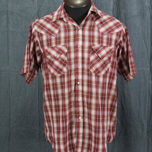 Vintage Western Shirt - Red and White Plaid Short Sleeve by Plains - Men's Large